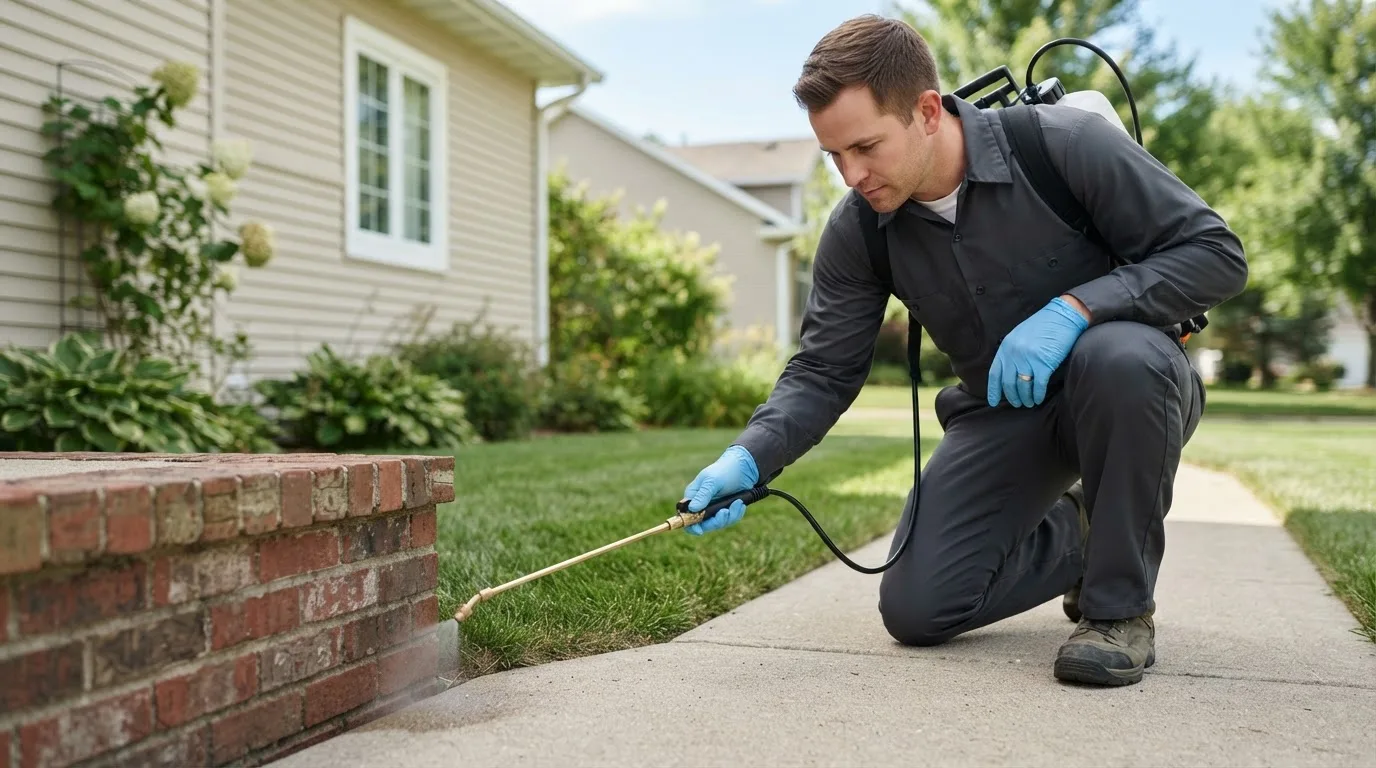 Pest control technician treating a home near Whitesboro, TX